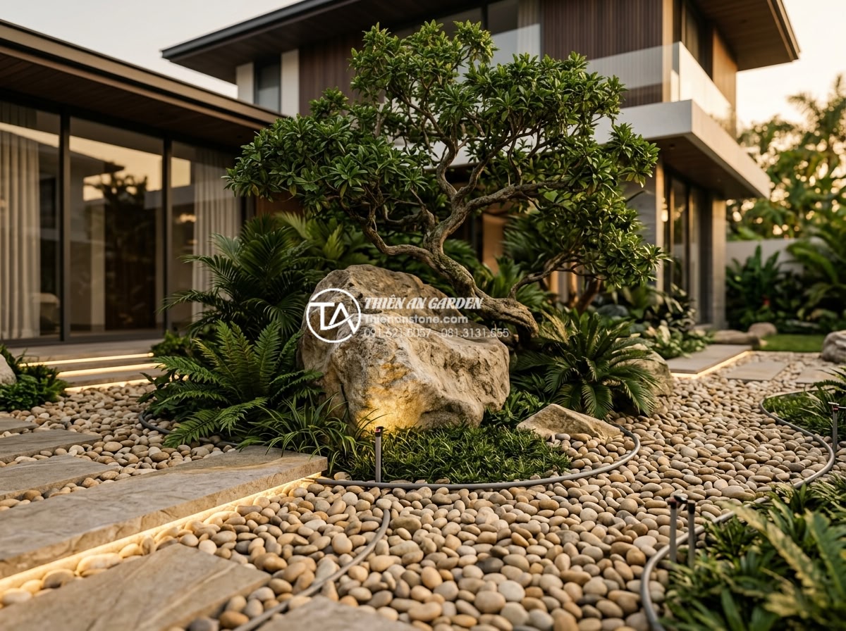 Nghệ thuật sắp đặt đá cảnh để tạo hình tiểu cảnh cây ôm đá tự nhiên nhất - Hình 10 Nghệ thuật sắp đặt đá cảnh để tạo hình tiểu cảnh cây ôm đá tự nhiên nhất - Futuristic yet natural modern garden design featuring advanced stone arrangement