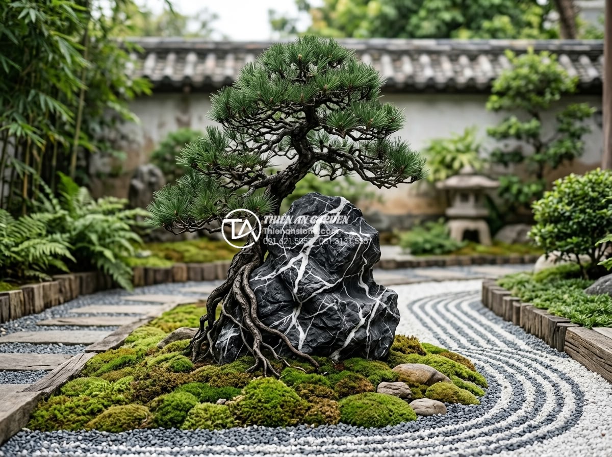 Nghệ thuật sắp đặt đá cảnh để tạo hình tiểu cảnh cây ôm đá tự nhiên nhất - Hình 2 Nghệ thuật sắp đặt đá cảnh để tạo hình tiểu cảnh cây ôm đá tự nhiên nhất - Serene Japanese-inspired zen garden scene with meticulously arranged natural sto