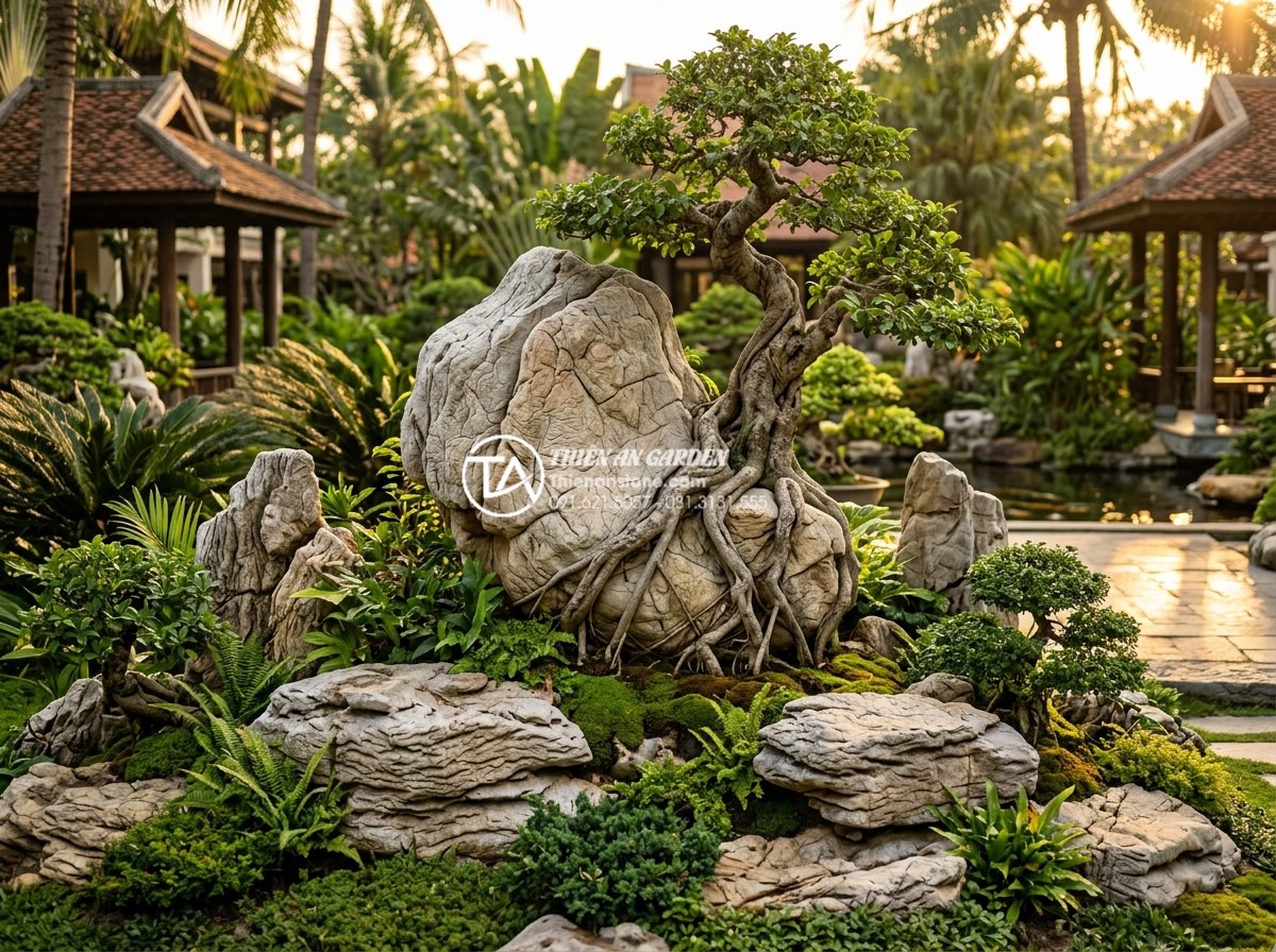 Nghệ thuật sắp đặt đá cảnh để tạo hình tiểu cảnh cây ôm đá tự nhiên nhất - Hình 4 Nghệ thuật sắp đặt đá cảnh để tạo hình tiểu cảnh cây ôm đá tự nhiên nhất - Artistic wide angle view of a perfectly balanced natural stone and bonsai compos