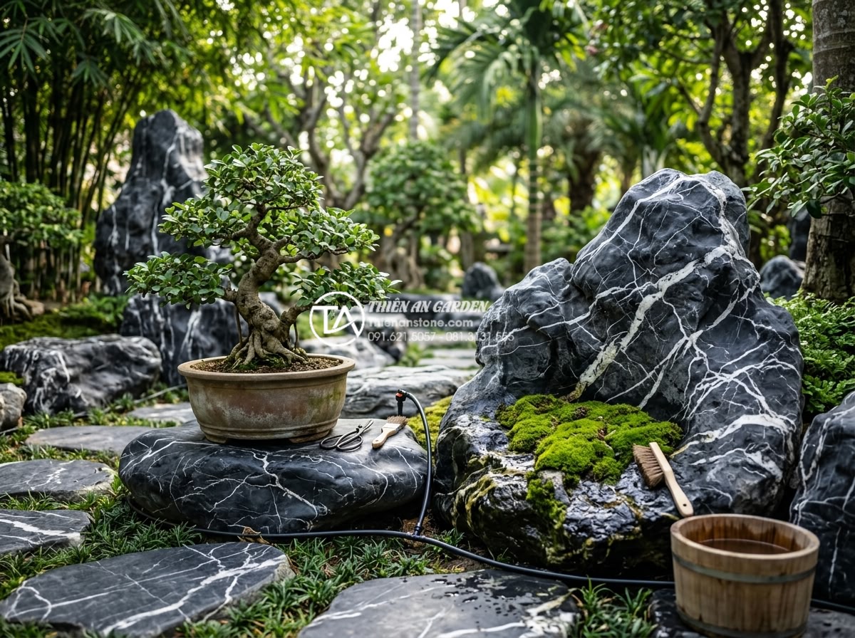 Nghệ thuật sắp đặt đá cảnh để tạo hình tiểu cảnh cây ôm đá tự nhiên nhất - Hình 9 Nghệ thuật sắp đặt đá cảnh để tạo hình tiểu cảnh cây ôm đá tự nhiên nhất - Maintenance scene of a beautiful stone and tree garden, gardener carefully pruni
