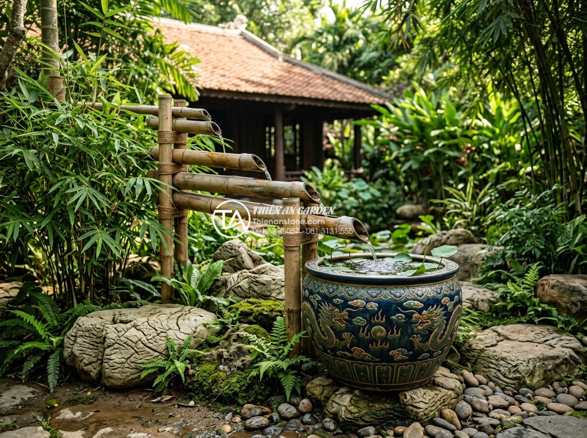 Nghệ thuật sắp đặt tiểu cảnh ống tre lu nước hợp phong thủy tài lộc - Highly detailed professional photograph of a luxurious Vietnamese villa garden f