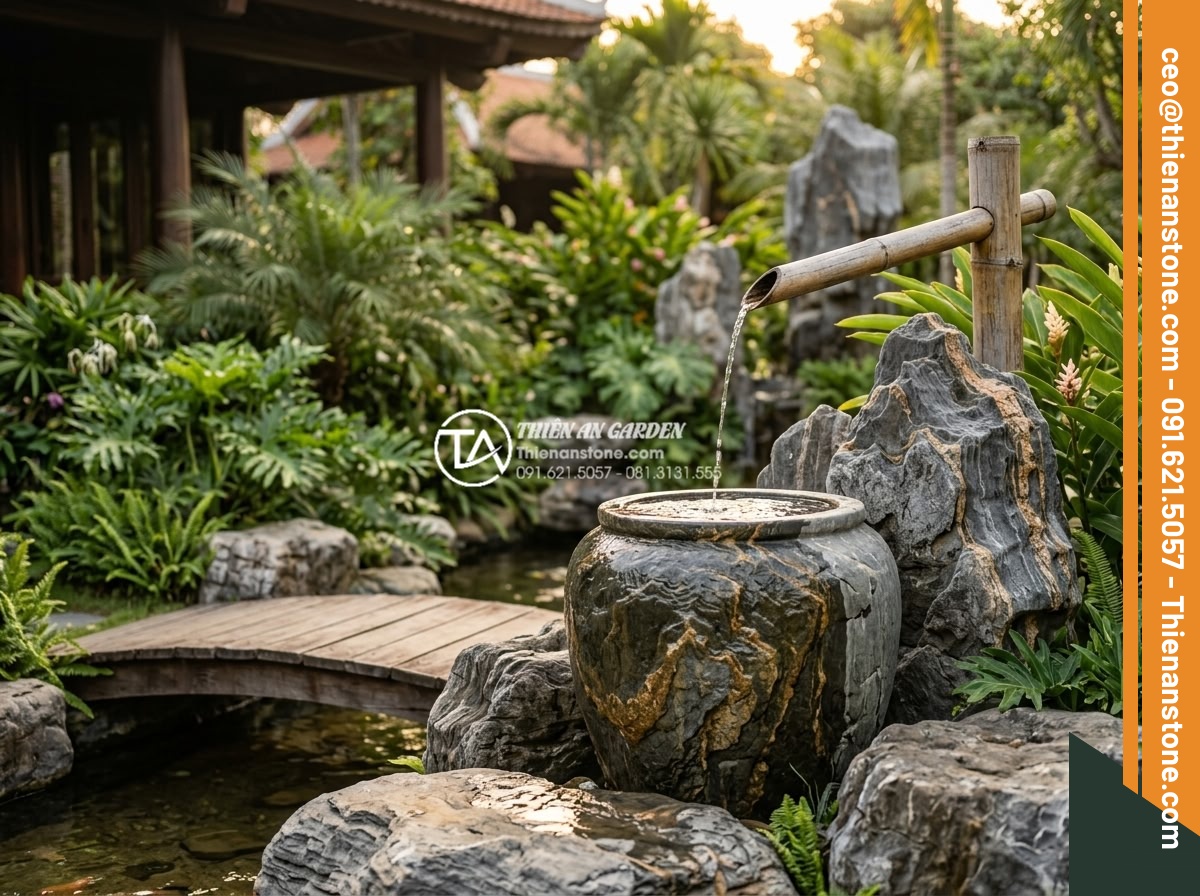 Nghệ thuật sắp đặt tiểu cảnh ống tre lu nước hợp phong thủy tài lộc - Hình 3 Nghệ thuật sắp đặt tiểu cảnh ống tre lu nước hợp phong thủy tài lộc - Professional landscape photography of an upscale resort garden showcasing a bamb