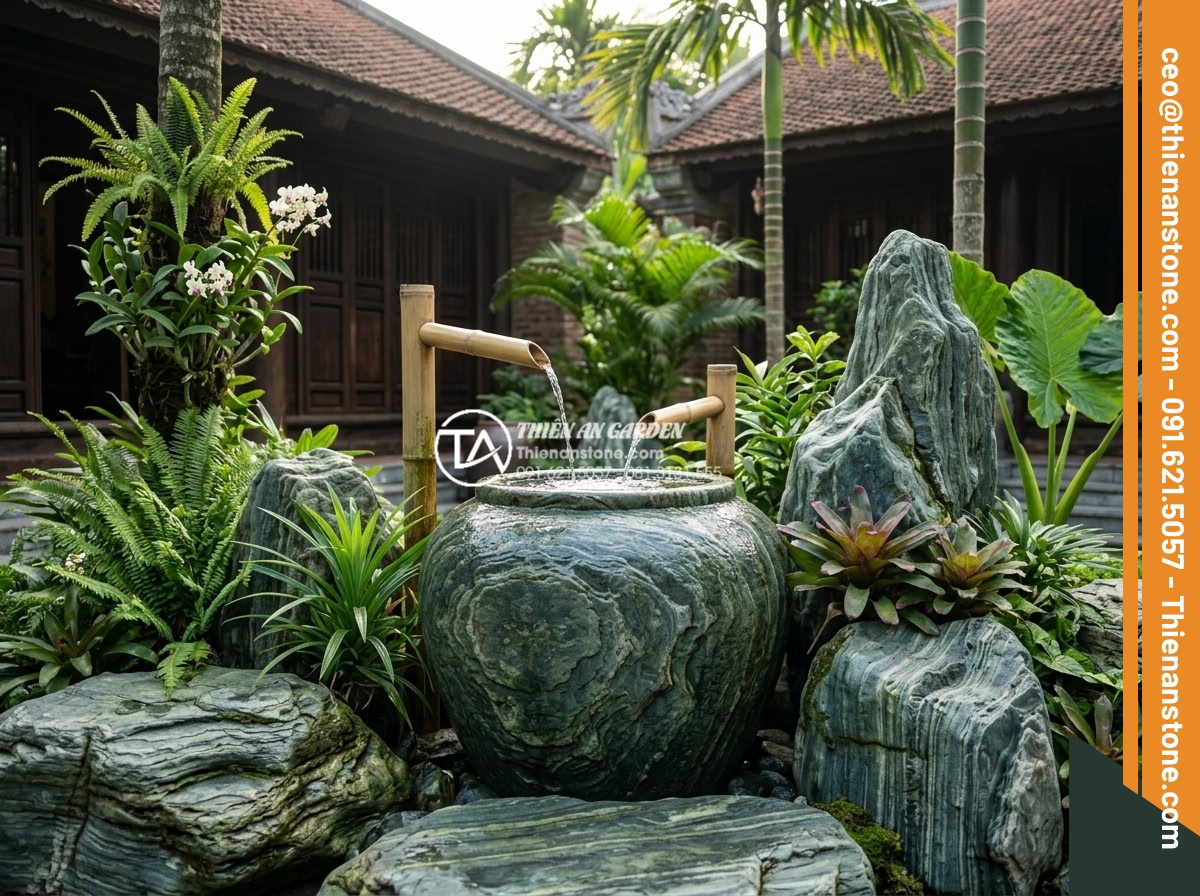 Nghệ thuật sắp đặt tiểu cảnh ống tre lu nước hợp phong thủy tài lộc - Hình 5 Nghệ thuật sắp đặt tiểu cảnh ống tre lu nước hợp phong thủy tài lộc - High quality professional photo of a beautifully arranged bamboo water feature i