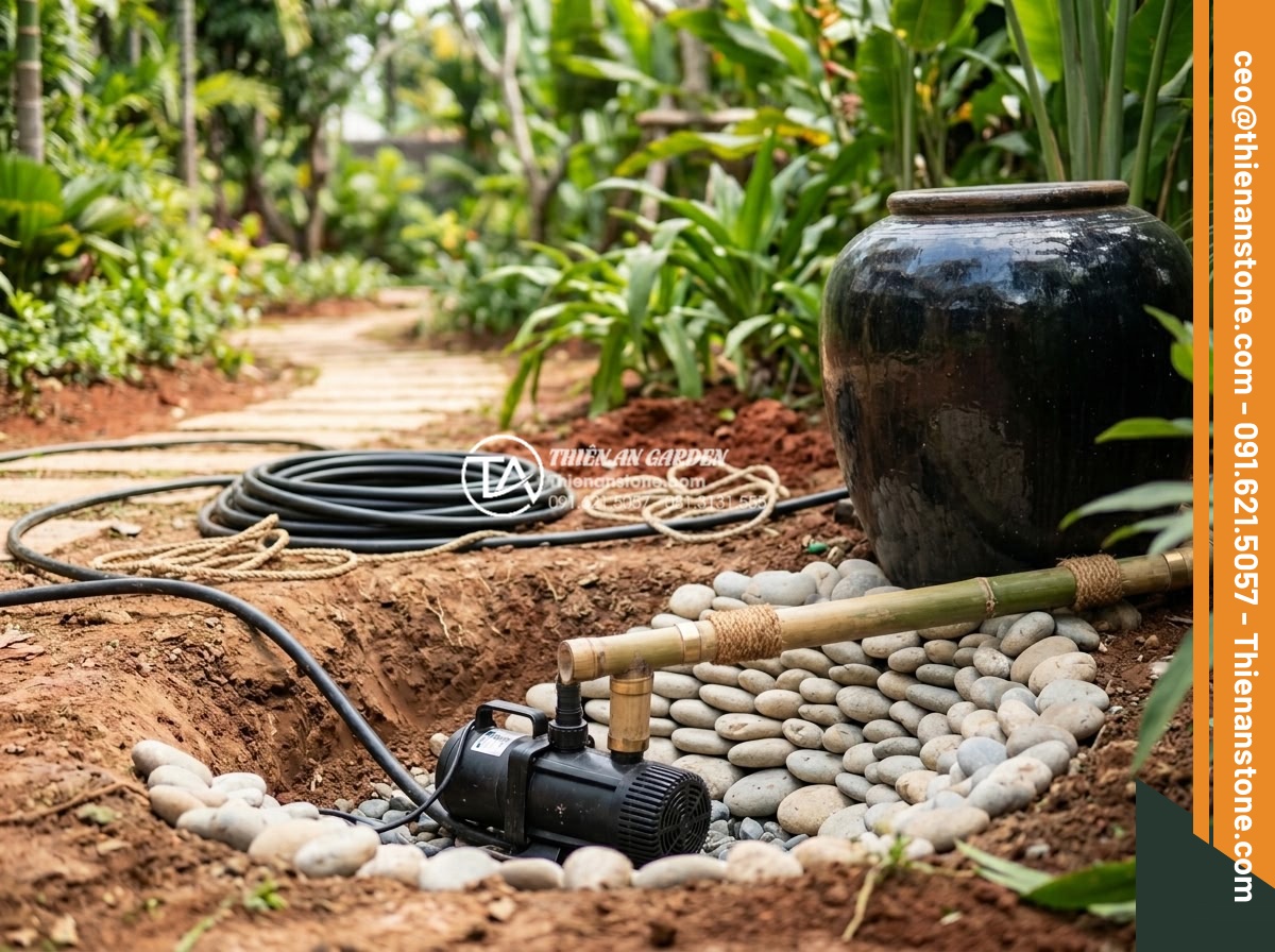Nghệ thuật sắp đặt tiểu cảnh ống tre lu nước hợp phong thủy tài lộc - Hình 7 Nghệ thuật sắp đặt tiểu cảnh ống tre lu nước hợp phong thủy tài lộc - Step-by-step professional construction photography of a bamboo pipe water landsc