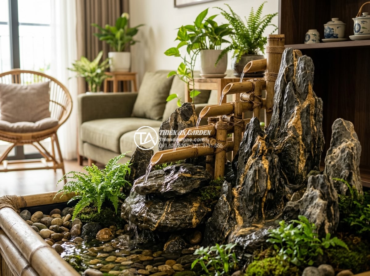 Những lưu ý kiêng kỵ khi đặt tiểu cảnh ống tre trong nhà bạn phải biết - Close-up realistic image of a beautifully crafted bamboo waterfall feature with 