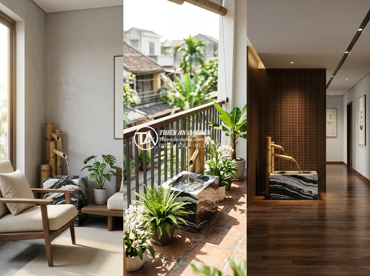 Những lưu ý kiêng kỵ khi đặt tiểu cảnh ống tre trong nhà bạn phải biết - Architectural visualization of optimal bamboo pipe fountain placement in differe