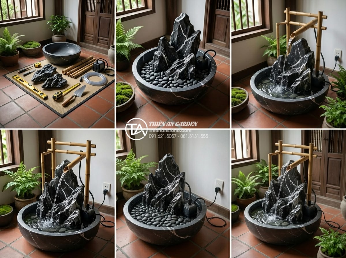Những lưu ý kiêng kỵ khi đặt tiểu cảnh ống tre trong nhà bạn phải biết - Step-by-step infographic style image showing correct installation process of ind
