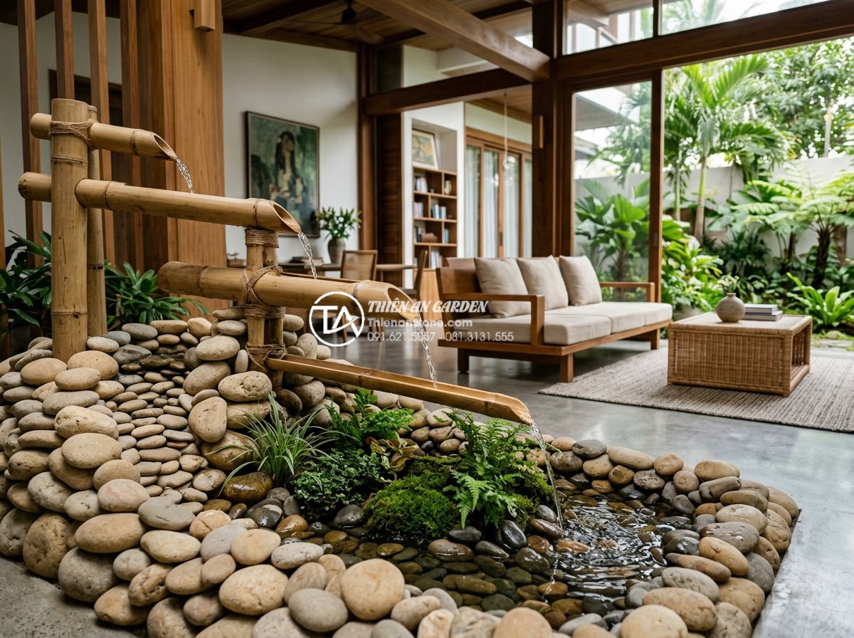 Những lưu ý kiêng kỵ khi đặt tiểu cảnh ống tre trong nhà bạn phải biết - Luxurious modern living room featuring a large bamboo pipe water feature integra