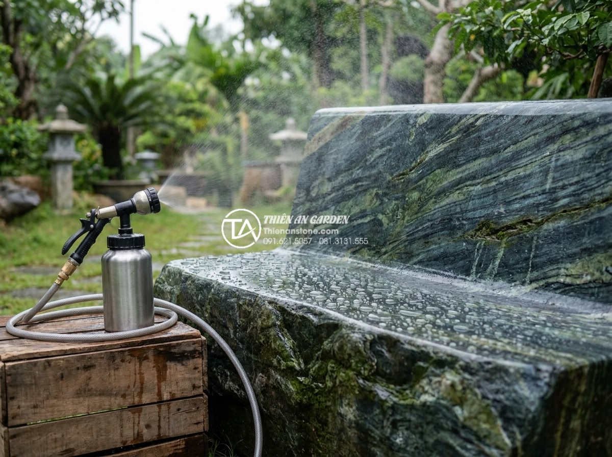 Quy trình chế tác bàn ghế đá nguyên khối từ khối đá thô đến tác phẩm hoàn thiện - Hình 14 Quy trình chế tác bàn ghế đá nguyên khối từ khối đá thô đến tác phẩm hoàn thiện - Artisan applying high-tech nano sealer coating on a freshly polished monolithic