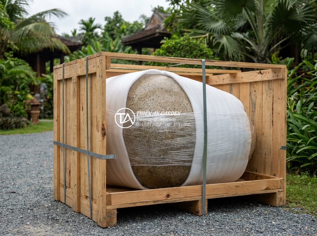 Quy trình chế tác bàn ghế đá nguyên khối từ khối đá thô đến tác phẩm hoàn thiện - Hình 16 Quy trình chế tác bàn ghế đá nguyên khối từ khối đá thô đến tác phẩm hoàn thiện - Professional packaging of a completed monolithic granite garden furniture set wi