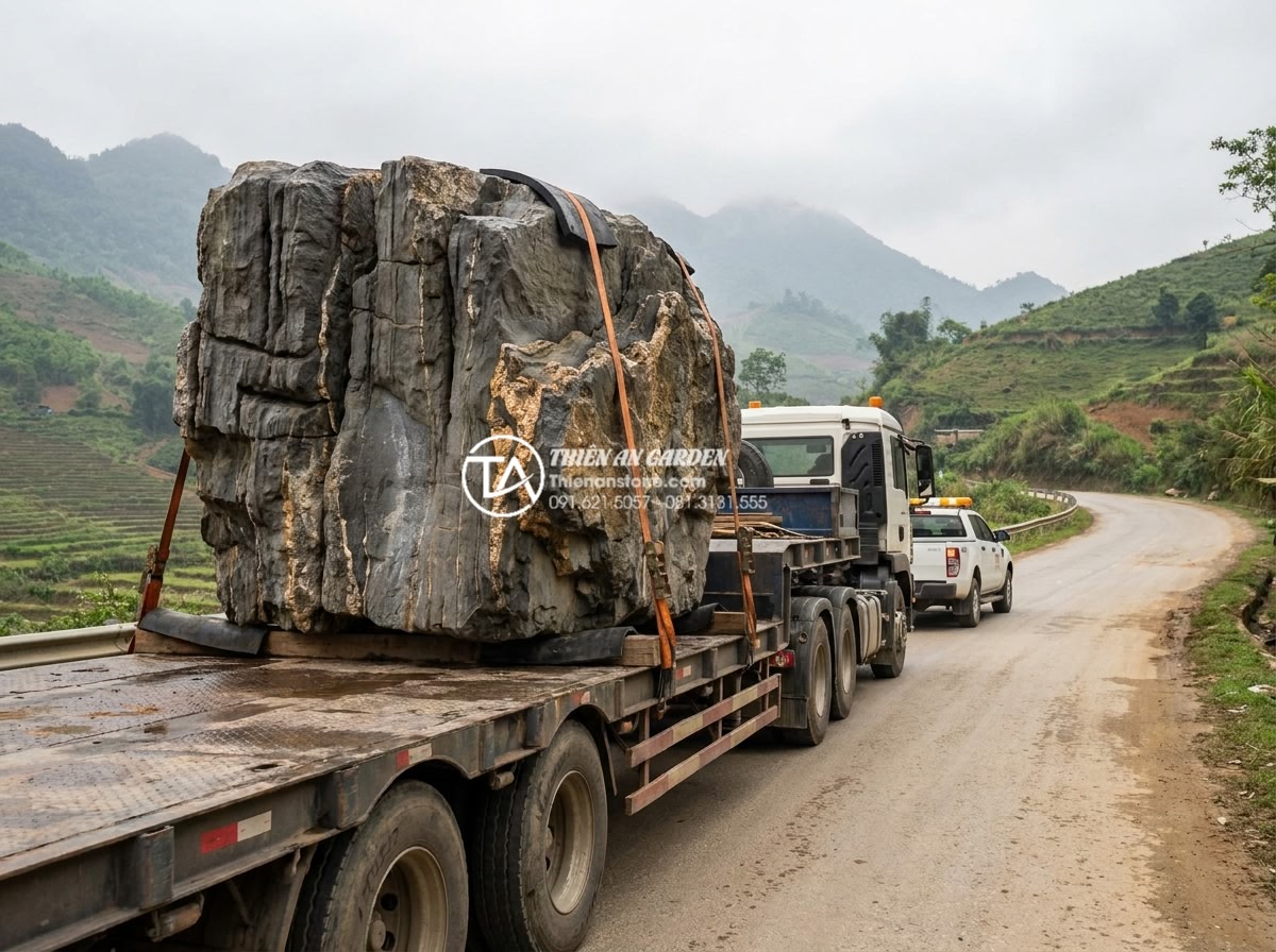 Quy trình chế tác bàn ghế đá nguyên khối từ khối đá thô đến tác phẩm hoàn thiện - Hình 5 Quy trình chế tác bàn ghế đá nguyên khối từ khối đá thô đến tác phẩm hoàn thiện - Heavy-duty specialized truck transporting a massive 3-ton raw granite block secu