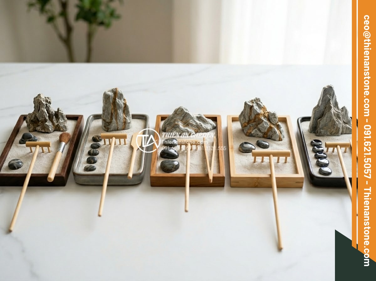 Review 5 bộ dụng cụ cào cát tiểu cảnh thiền mini bán chạy nhất 2026 - Professional product photography of five different high-quality miniature Zen ga