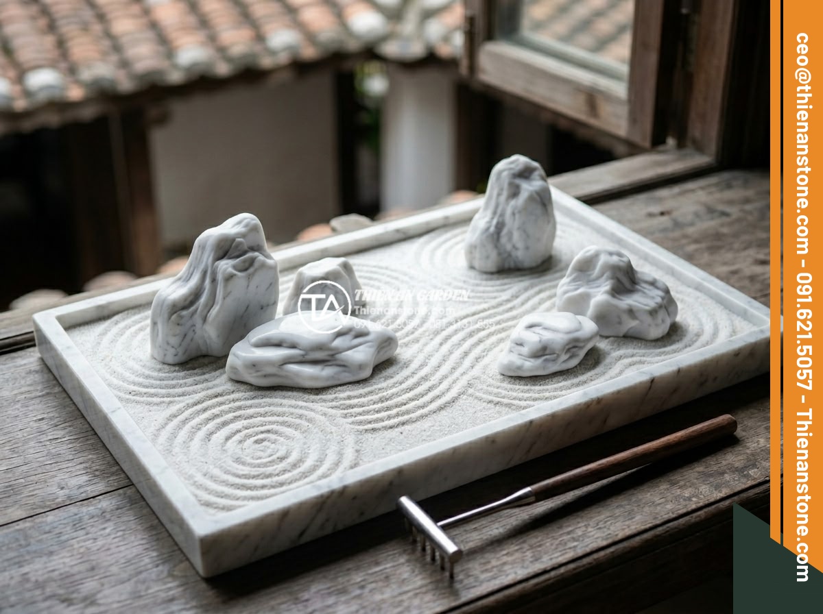 Review 5 bộ dụng cụ cào cát tiểu cảnh thiền mini bán chạy nhất 2026 - Elegant close-up of the Tranquil Stone Marble Edition Zen garden with pure white