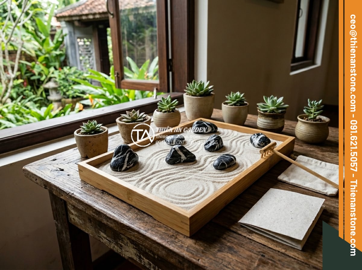 Review 5 bộ dụng cụ cào cát tiểu cảnh thiền mini bán chạy nhất 2026 - Eco-friendly Bamboo Zen mini Zen garden set displayed on a reclaimed wood table,