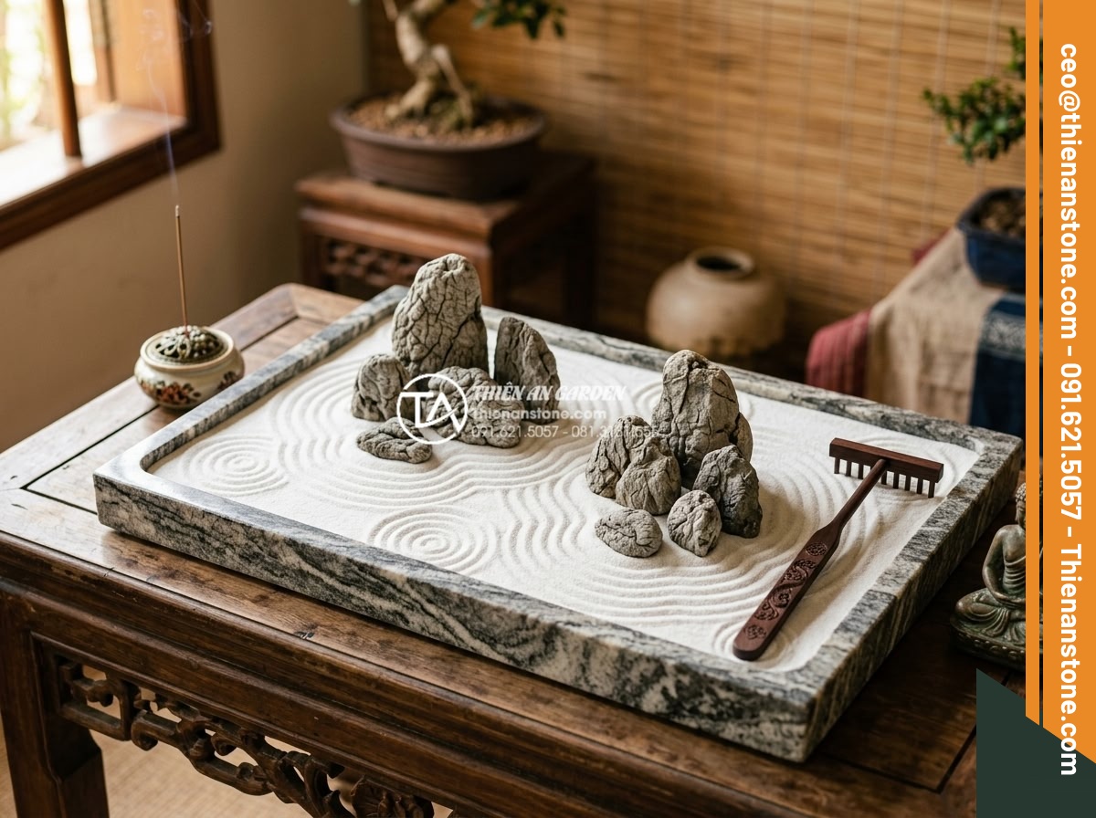 Review 5 bộ dụng cụ cào cát tiểu cảnh thiền mini bán chạy nhất 2026 - Customized Thiên An Natural Stone Edition mini Zen garden featuring a large gran