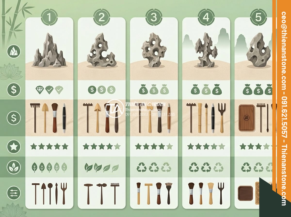 Review 5 bộ dụng cụ cào cát tiểu cảnh thiền mini bán chạy nhất 2026 - Clean infographic-style comparison chart showing the five top-selling mini Zen g