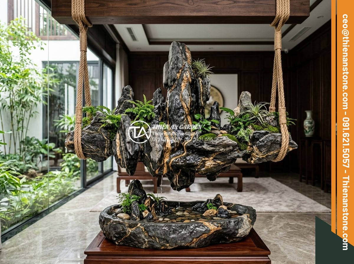 Review 5 mẫu tiểu cảnh treo ống tre bán chạy nhất sàn thương mại điện tử - Professional team photo of Thien An Stone experts installing a custom high-end h