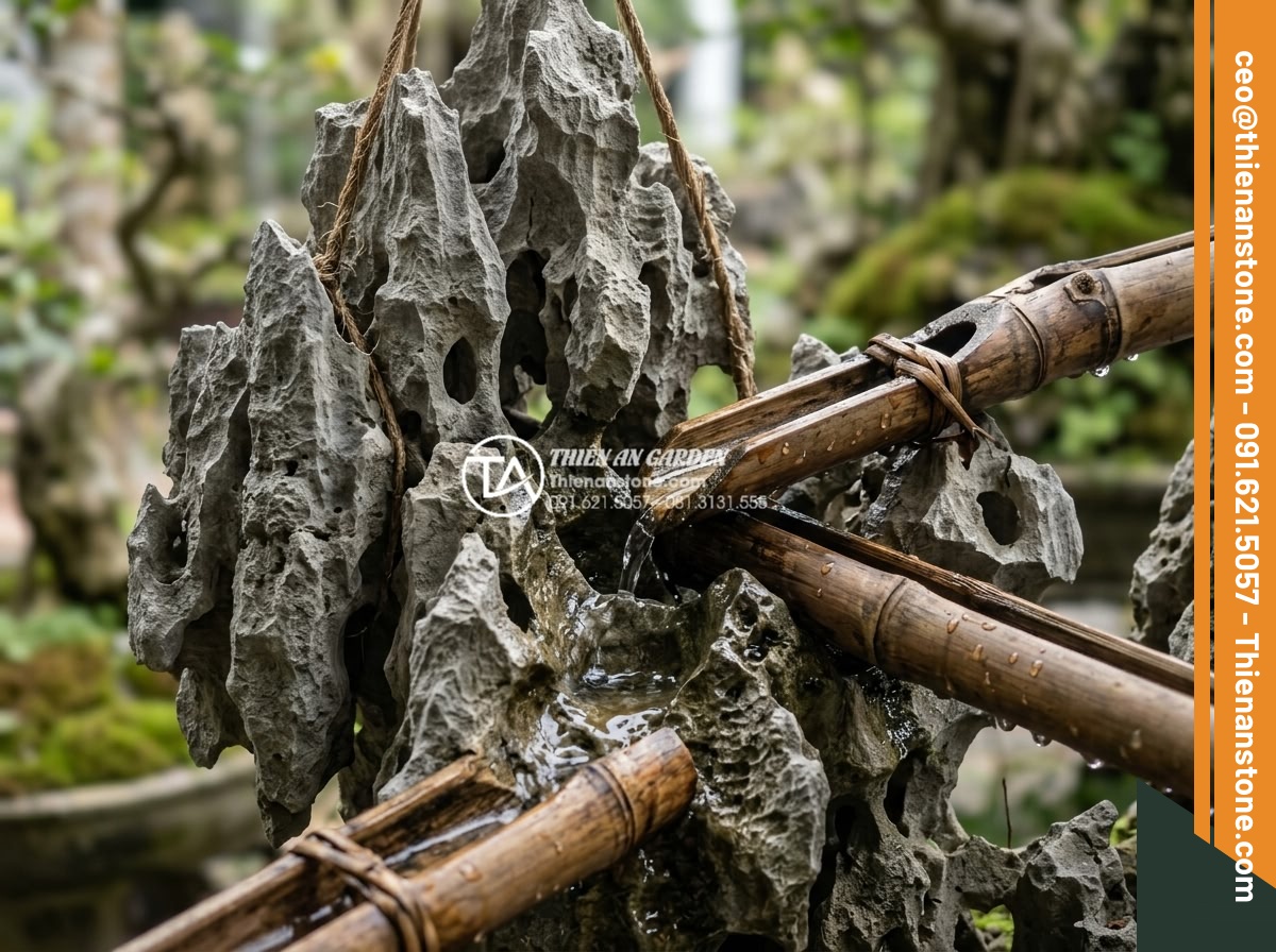 Review 5 mẫu tiểu cảnh treo ống tre bán chạy nhất sàn thương mại điện tử - Detailed close-up of high-quality natural stone textures and bamboo pipe joints 