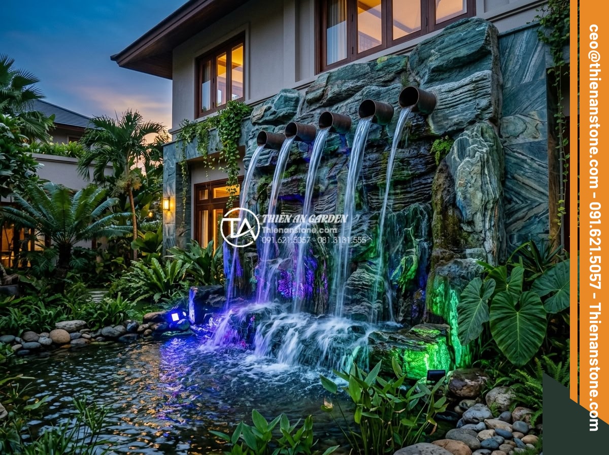 Review 5 mẫu tiểu cảnh treo ống tre bán chạy nhất sàn thương mại điện tử - Stunning photorealistic image of a large 5-pipe natural granite hanging rock wat