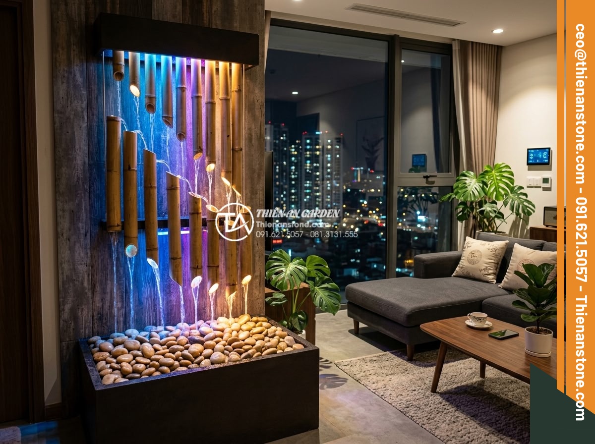 Review 5 mẫu tiểu cảnh treo ống tre bán chạy nhất sàn thương mại điện tử - Modern Vietnamese apartment interior at night featuring a smart hanging natural 