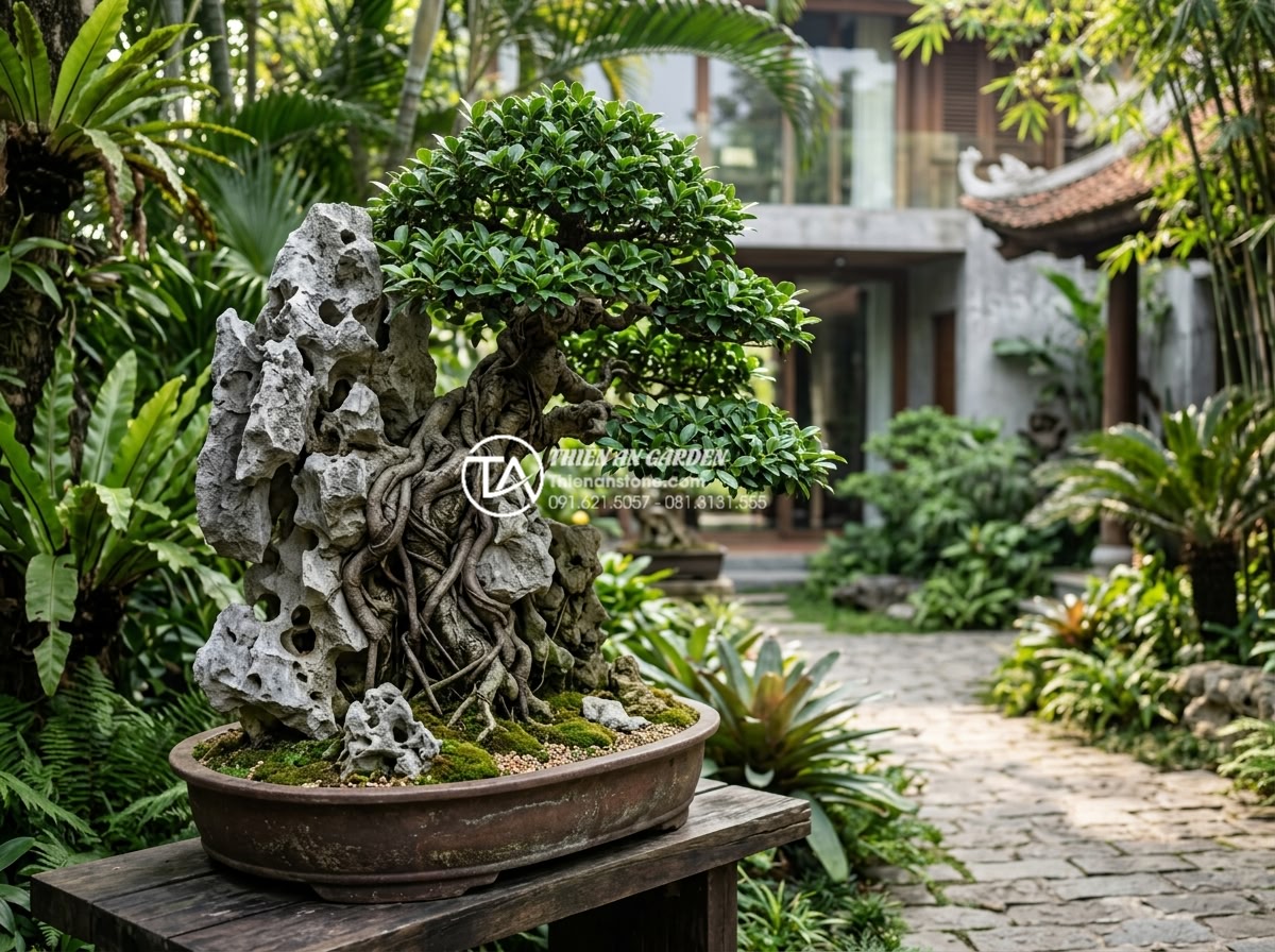 Review top 5 địa chỉ mua tiểu cảnh cây ôm đá uy tín tại Hà Nội và TP.HCM - Professional wide-angle photograph of an elegant Vietnamese stone bonsai masterp
