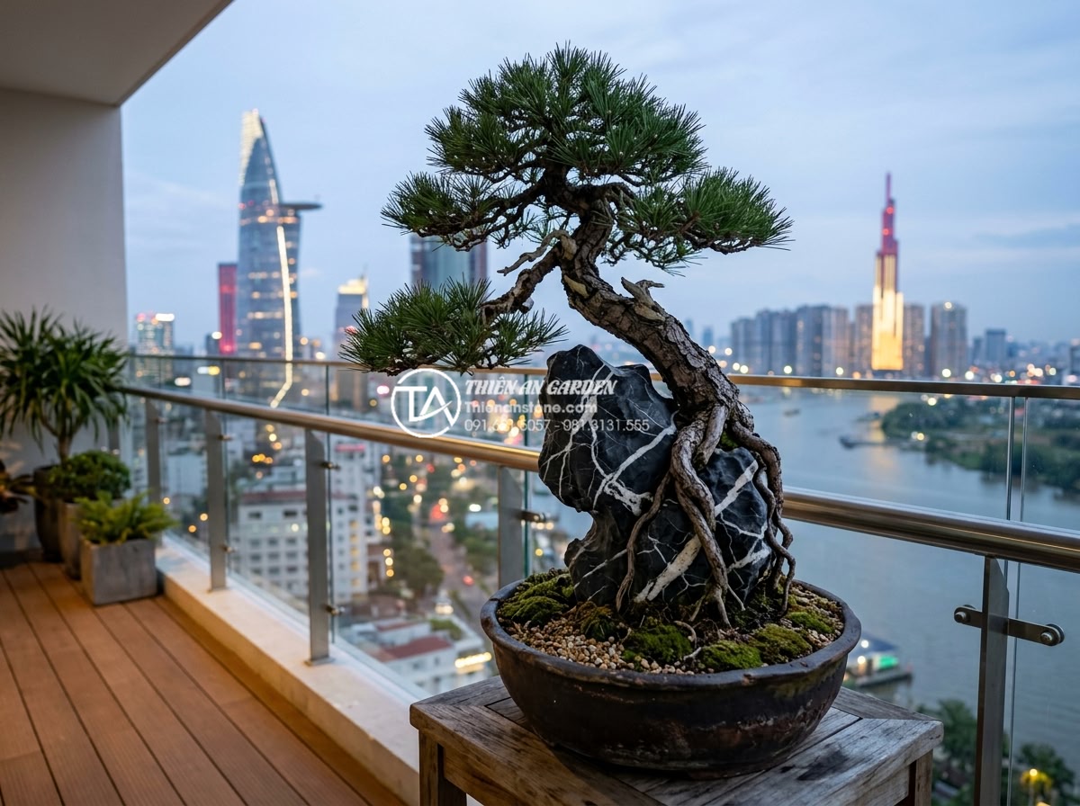 Review top 5 địa chỉ mua tiểu cảnh cây ôm đá uy tín tại Hà Nội và TP.HCM - Beautiful professional photograph of premium bonsai stone arrangement in a moder