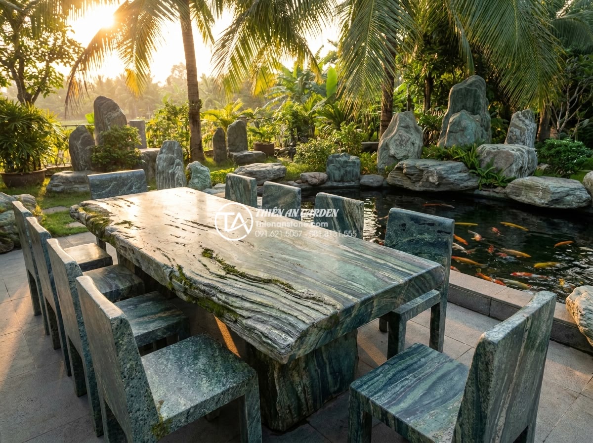 So sánh bàn ghế đá hoa cương và đá Marble: Loại nào tốt hơn cho ngoài trời? - Hình 1 So sánh bàn ghế đá hoa cương và đá Marble: Loại nào tốt hơn cho ngoài trời? - Wide angle view of a premium outdoor garden patio in Vietnam featuring a large r