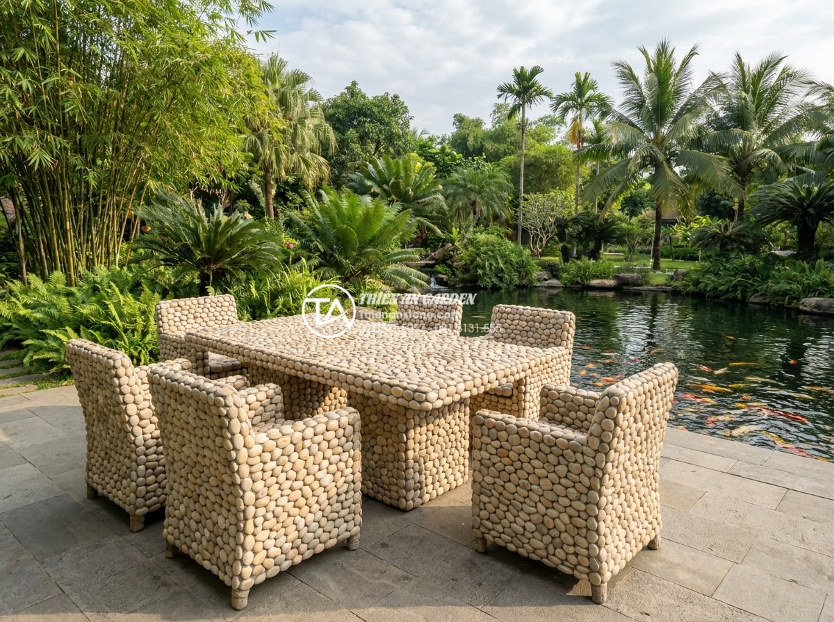So sánh bàn ghế đá hoa cương và đá Marble: Loại nào tốt hơn cho ngoài trời? - Hình 10 So sánh bàn ghế đá hoa cương và đá Marble: Loại nào tốt hơn cho ngoài trời? - Professional team photo of Da Canh Thien An experts installing high-quality gran