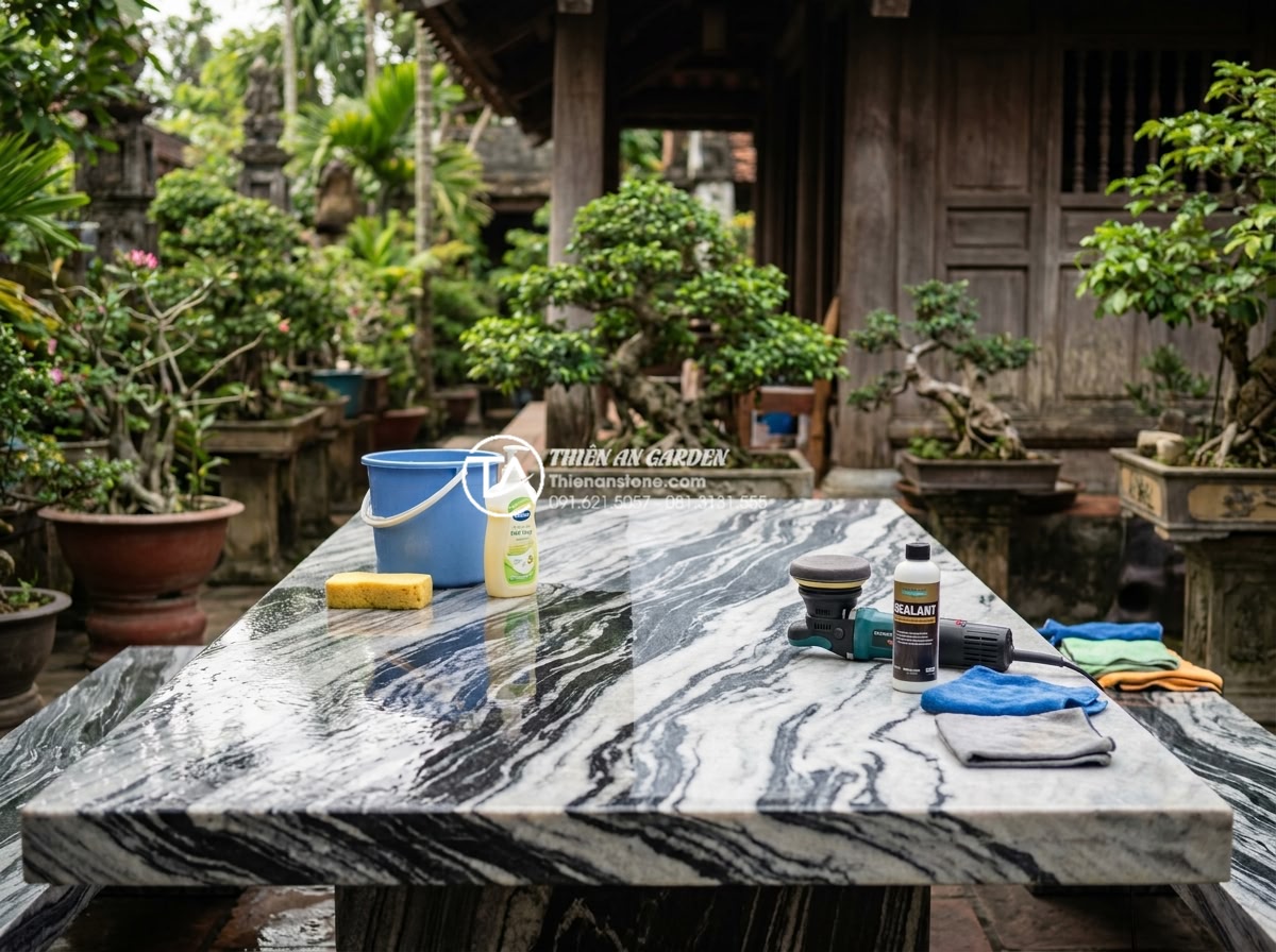 So sánh bàn ghế đá hoa cương và đá Marble: Loại nào tốt hơn cho ngoài trời? - Hình 7 So sánh bàn ghế đá hoa cương và đá Marble: Loại nào tốt hơn cho ngoài trời? - Professional maintenance demonstration of outdoor granite table being cleaned wi