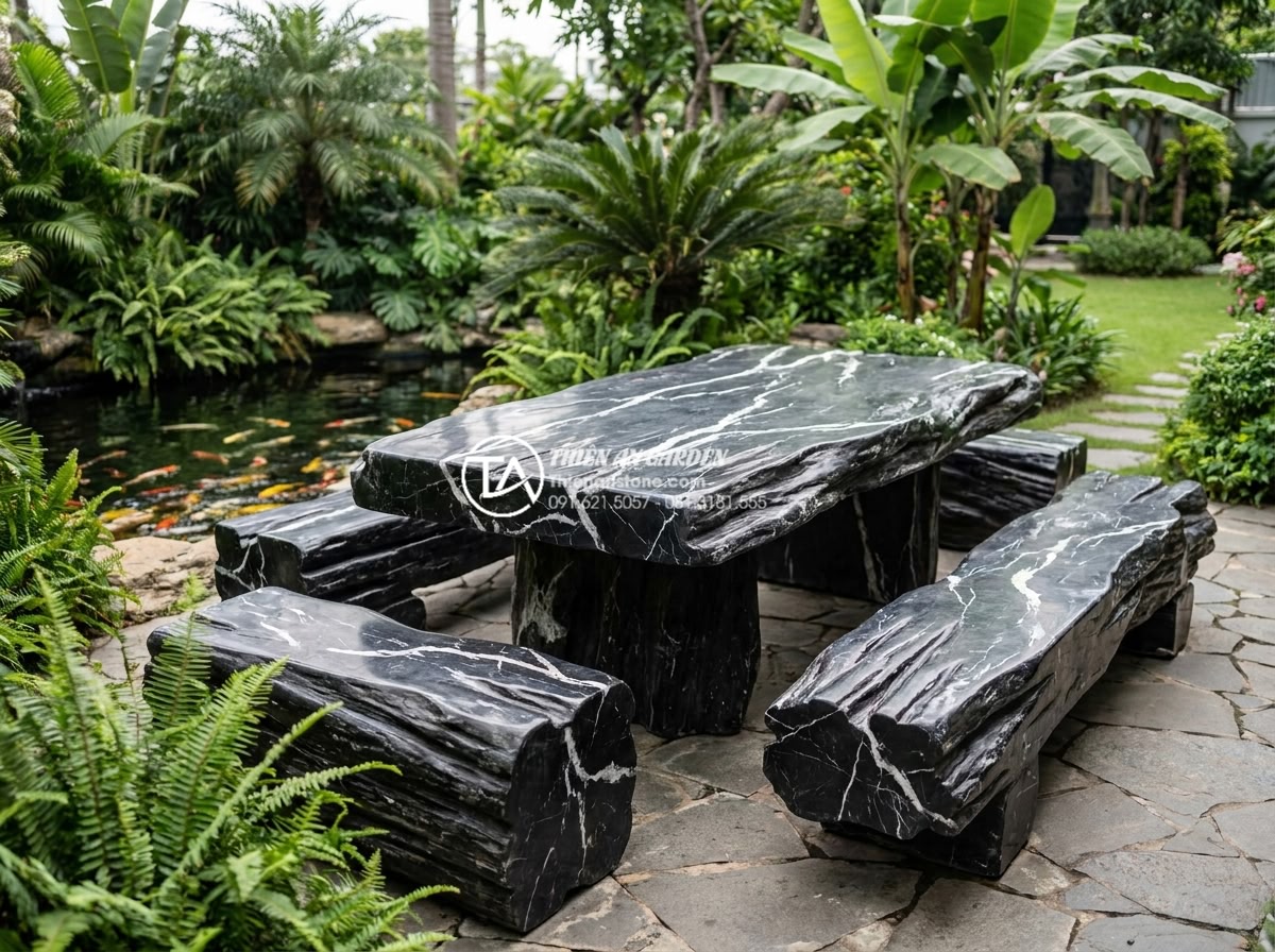So sánh bàn ghế đá hoa cương và đá Marble: Loại nào tốt hơn cho ngoài trời? - Hình 9 So sánh bàn ghế đá hoa cương và đá Marble: Loại nào tốt hơn cho ngoài trời? - Real project photo from Da Canh Thien An showing beautiful granite outdoor dinin