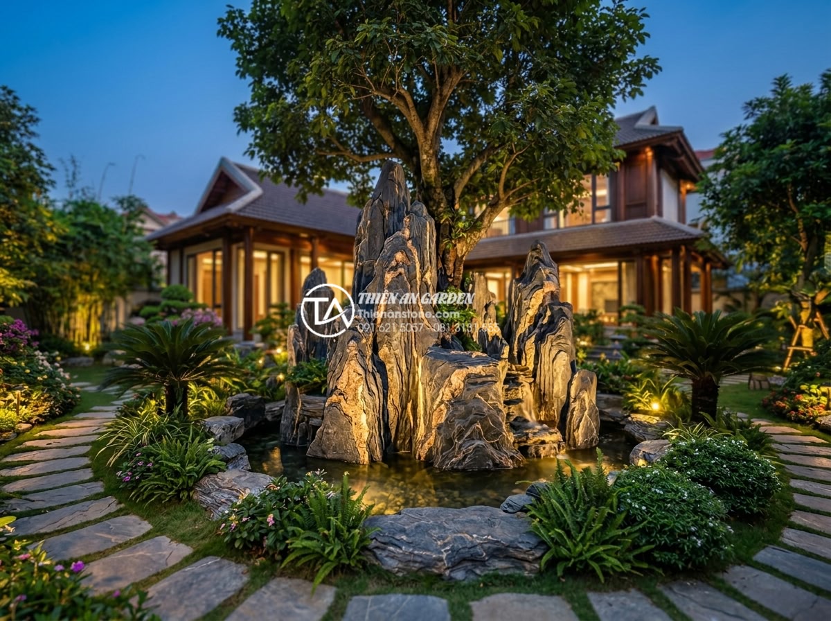 So sánh đá tự nhiên và đá nhân tạo trong thi công cây ôm đá - Hình 7 So sánh đá tự nhiên và đá nhân tạo trong thi công cây ôm đá - Artistic wide-angle photograph of a high-end Vietnamese villa garden at dusk wit