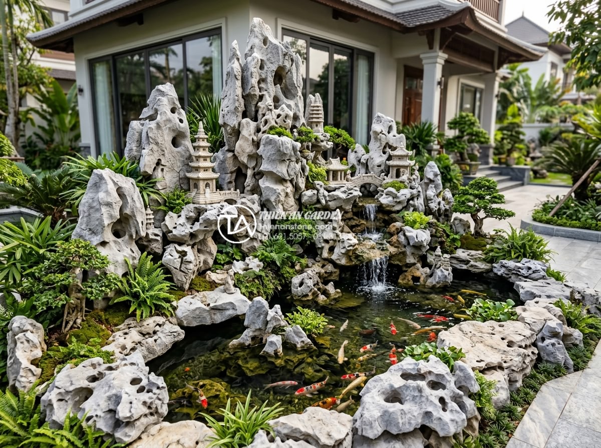So sánh tiểu cảnh ống tre và tiểu cảnh đá: Ưu nhược điểm bạn cần biết - Wide angle shot of elegant natural stone rockery landscape with carved decorativ