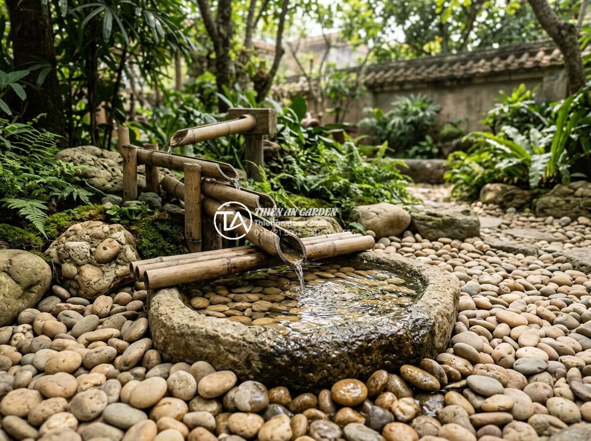 So sánh tiểu cảnh ống tre và tiểu cảnh đá: Ưu nhược điểm bạn cần biết - Innovative hybrid design showing bamboo tubes flowing into a stone basin surroun