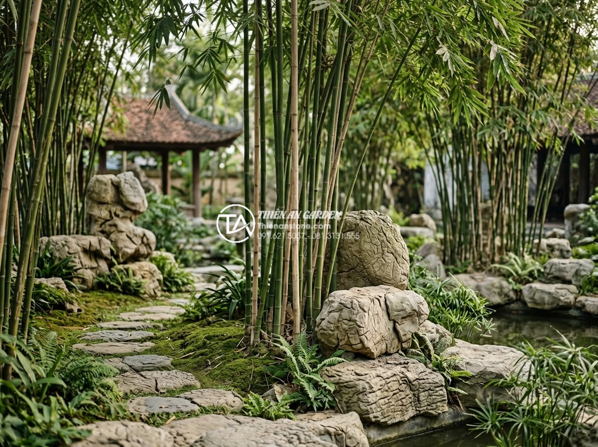So sánh tiểu cảnh ống tre và tiểu cảnh đá: Ưu nhược điểm bạn cần biết - Complete garden view combining both bamboo and stone elements harmoniously in on