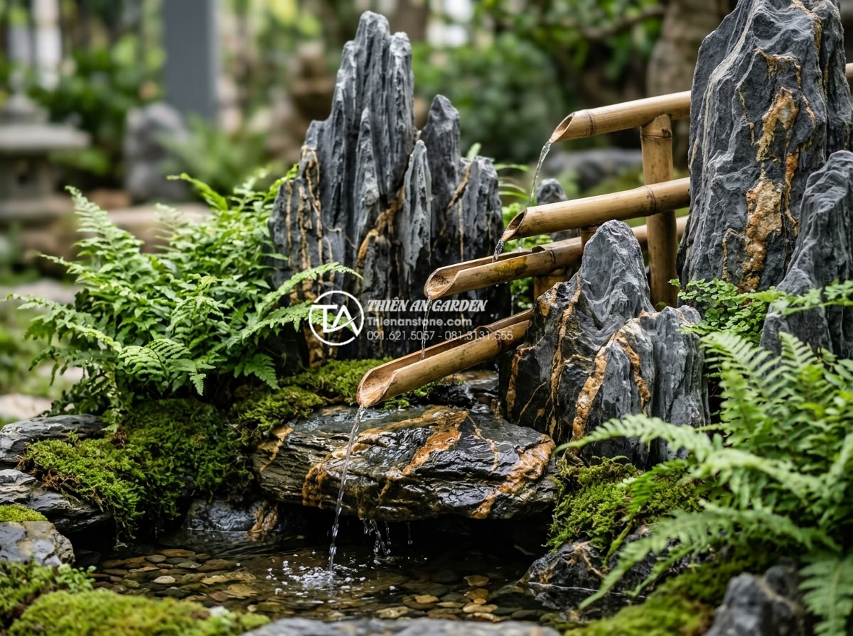 So sánh tiểu cảnh ống tre và tiểu cảnh đá: Ưu nhược điểm bạn cần biết - Realistic photograph of multiple bamboo tubes arranged in a cascading water foun