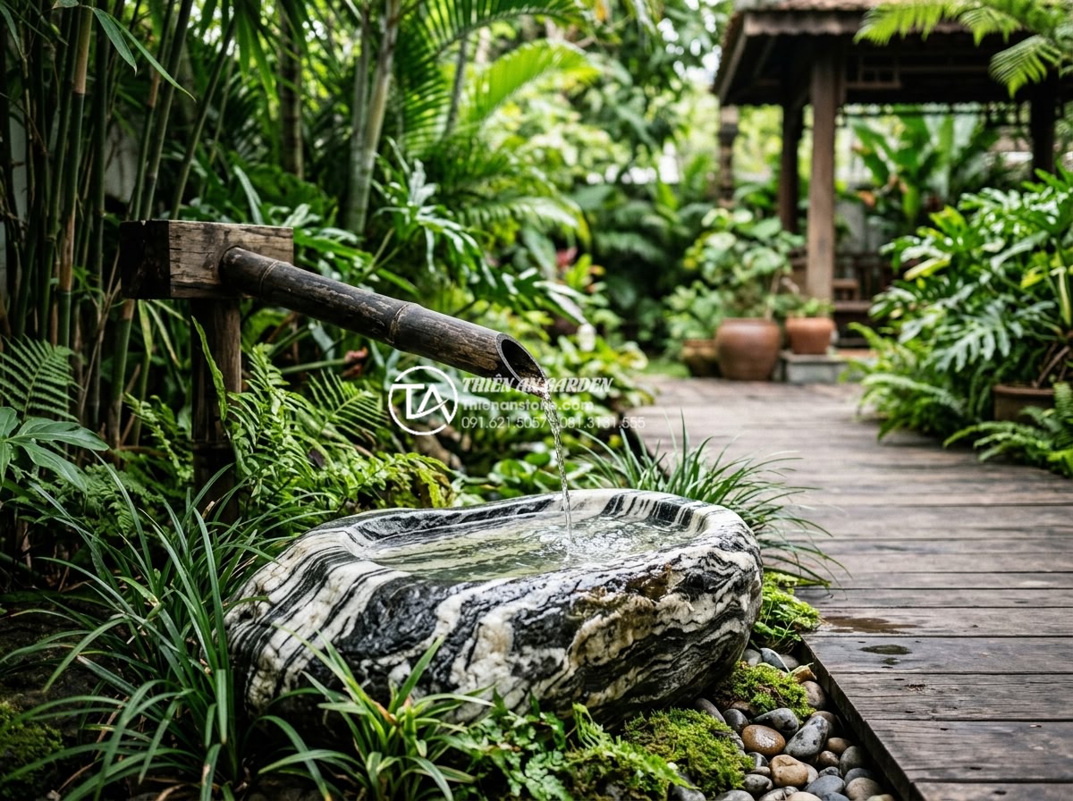 So sánh tiểu cảnh ống tre và tiểu cảnh đá: Ưu nhược điểm bạn cần biết - Artistic view of bamboo water spout feature integrated into a modern Vietnamese 