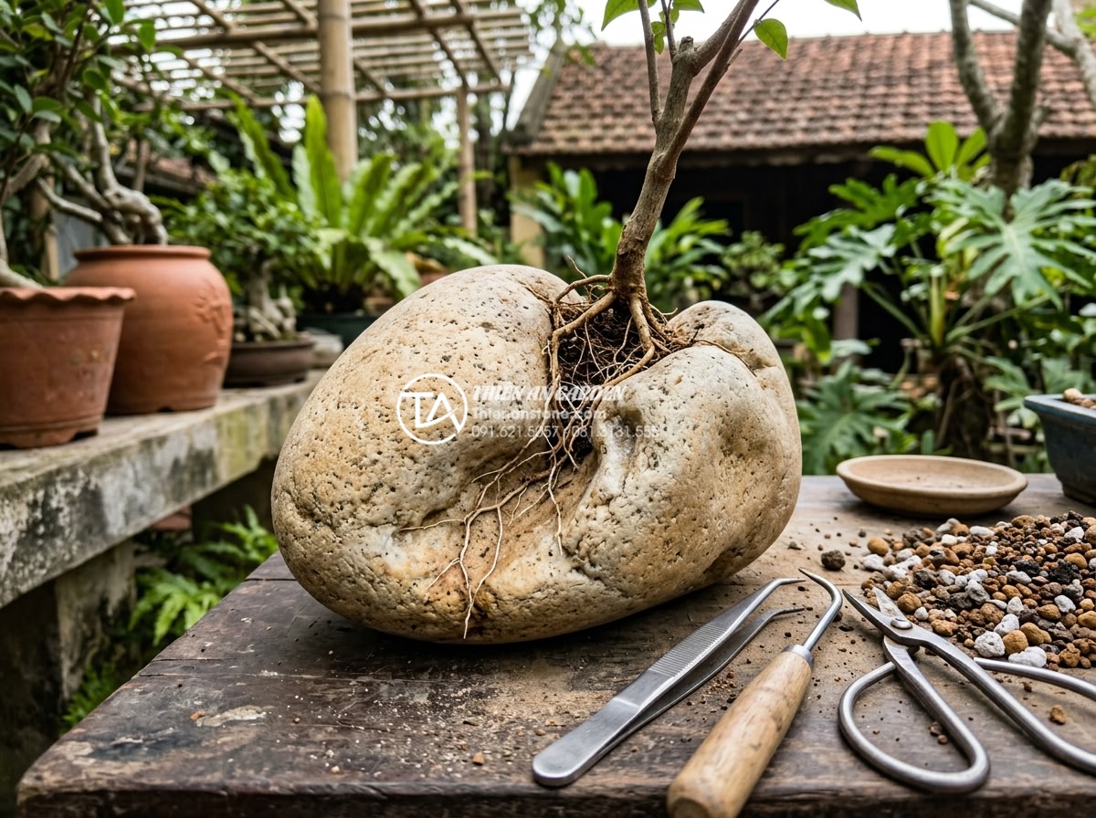Sự khác biệt giữa tiểu cảnh cây ôm đá và cây bám đá nghệ thuật - Close-up of stone selection and root penetration demonstration for Ishizuki styl