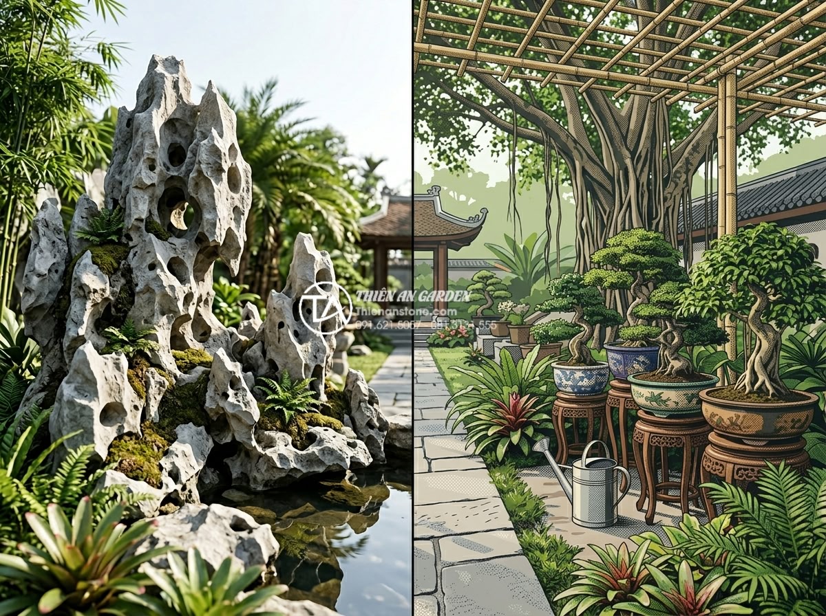 Sự khác biệt giữa tiểu cảnh cây ôm đá và cây bám đá nghệ thuật - Environmental factors illustration showing light, water, soil requirements compa