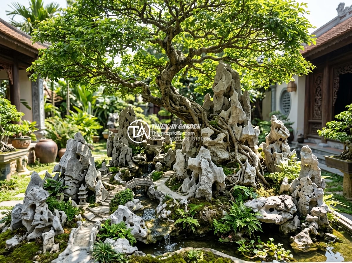 Sự khác biệt giữa tiểu cảnh cây ôm đá và cây bám đá nghệ thuật - Wide angle shot of a complete tree embracing stone miniature scene in a luxury v