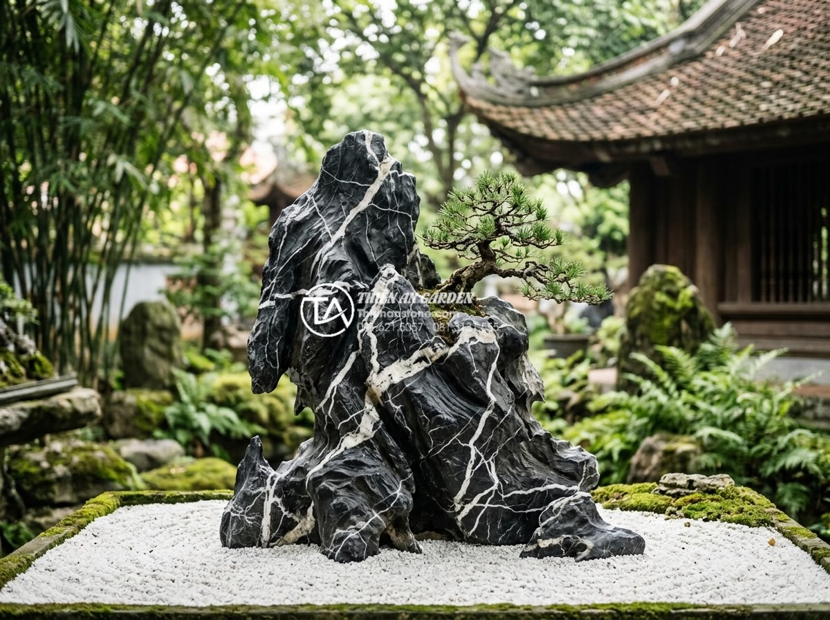 Sự khác biệt giữa tiểu cảnh cây ôm đá và cây bám đá nghệ thuật - Peaceful zen garden scene featuring Ishizuki style evoking tranquility and spiri