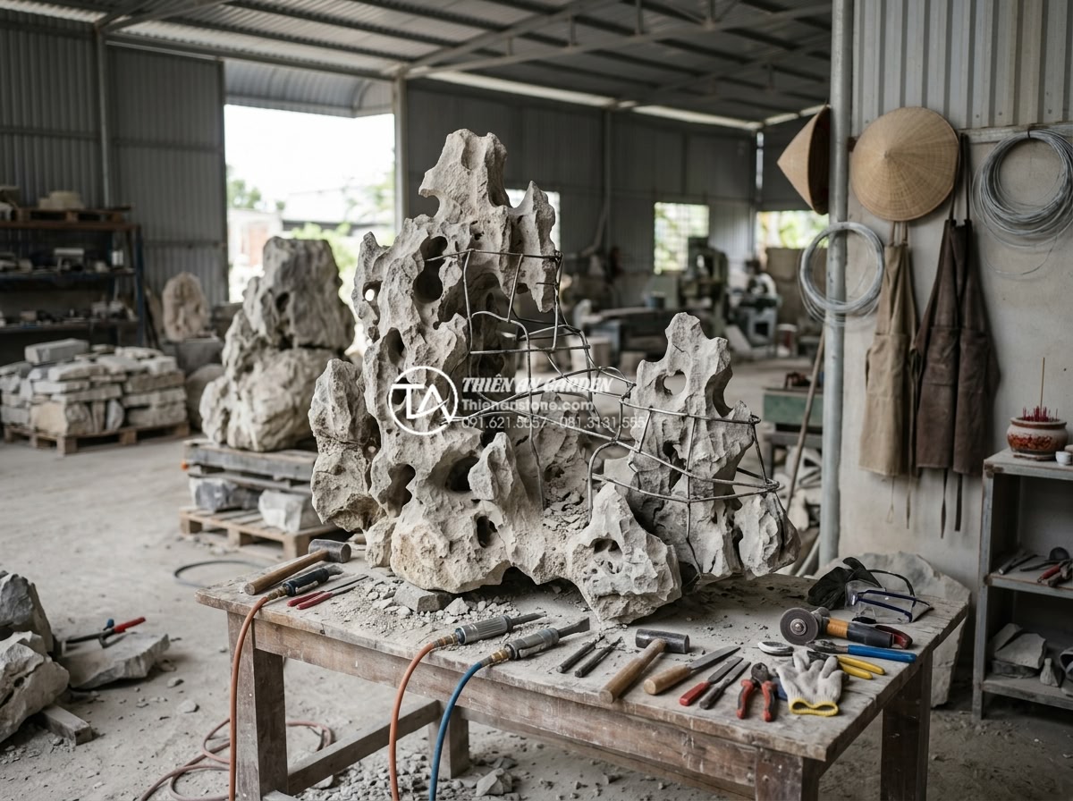 Sự khác biệt giữa tiểu cảnh cây ôm đá và cây bám đá nghệ thuật - Professional team at Thien An Stone company working on custom tree embracing sto