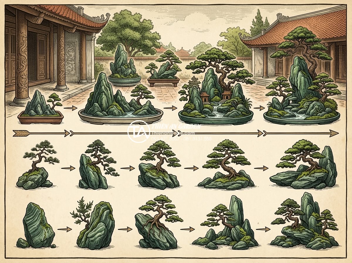 Sự khác biệt giữa tiểu cảnh cây ôm đá và cây bám đá nghệ thuật - Historical illustration style image showing evolution of Vietnamese tree hugging