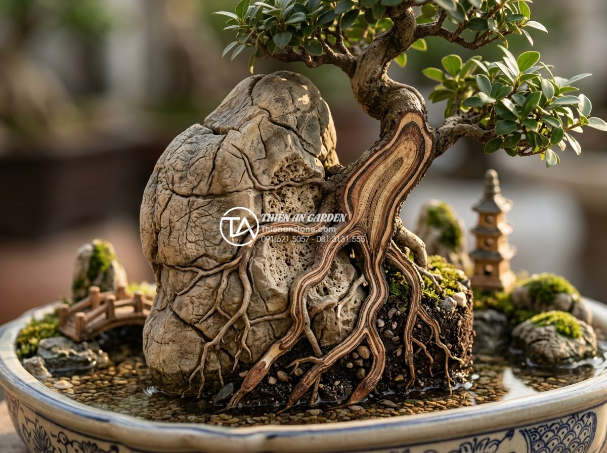 Sự khác biệt giữa tiểu cảnh cây ôm đá và cây bám đá nghệ thuật - Feng shui energy flow visualization with tree stone miniature placed in ideal ga