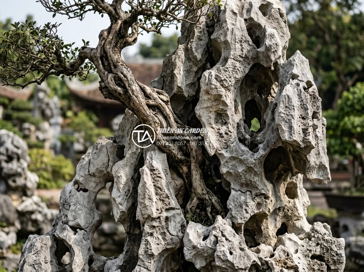 Sự khác biệt giữa tiểu cảnh cây ôm đá và cây bám đá nghệ thuật - Dramatic Ishizuki style tree with roots gripping tightly into deep rock fissures