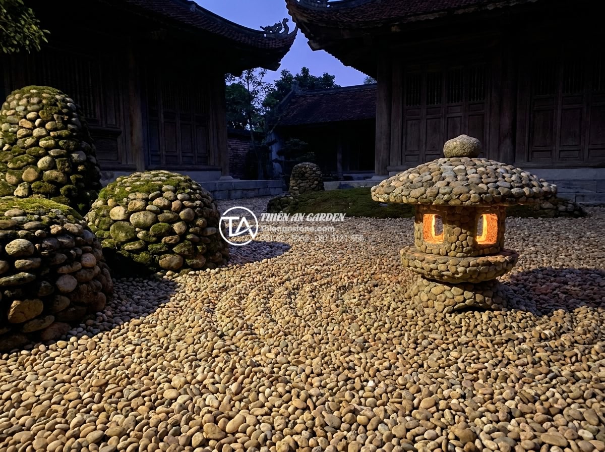 Sự khác biệt giữa tiểu cảnh thiền truyền thống và phong cách hiện đại - Hình 10 Sự khác biệt giữa tiểu cảnh thiền truyền thống và phong cách hiện đại - Traditional zen garden at dusk with glowing stone lantern casting warm light on