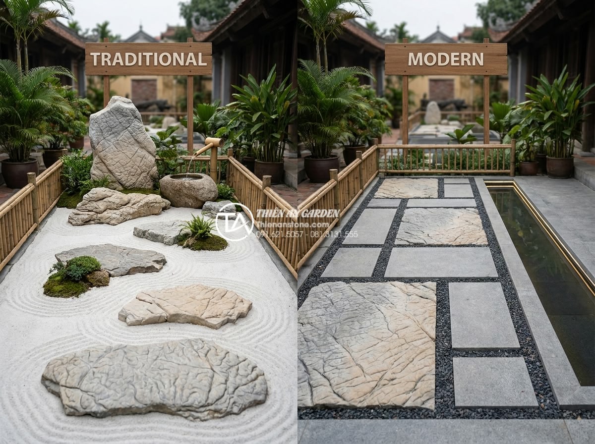 Sự khác biệt giữa tiểu cảnh thiền truyền thống và phong cách hiện đại - Hình 18 Sự khác biệt giữa tiểu cảnh thiền truyền thống và phong cách hiện đại - Professional side-by-side comparison infographic of traditional versus modern ze
