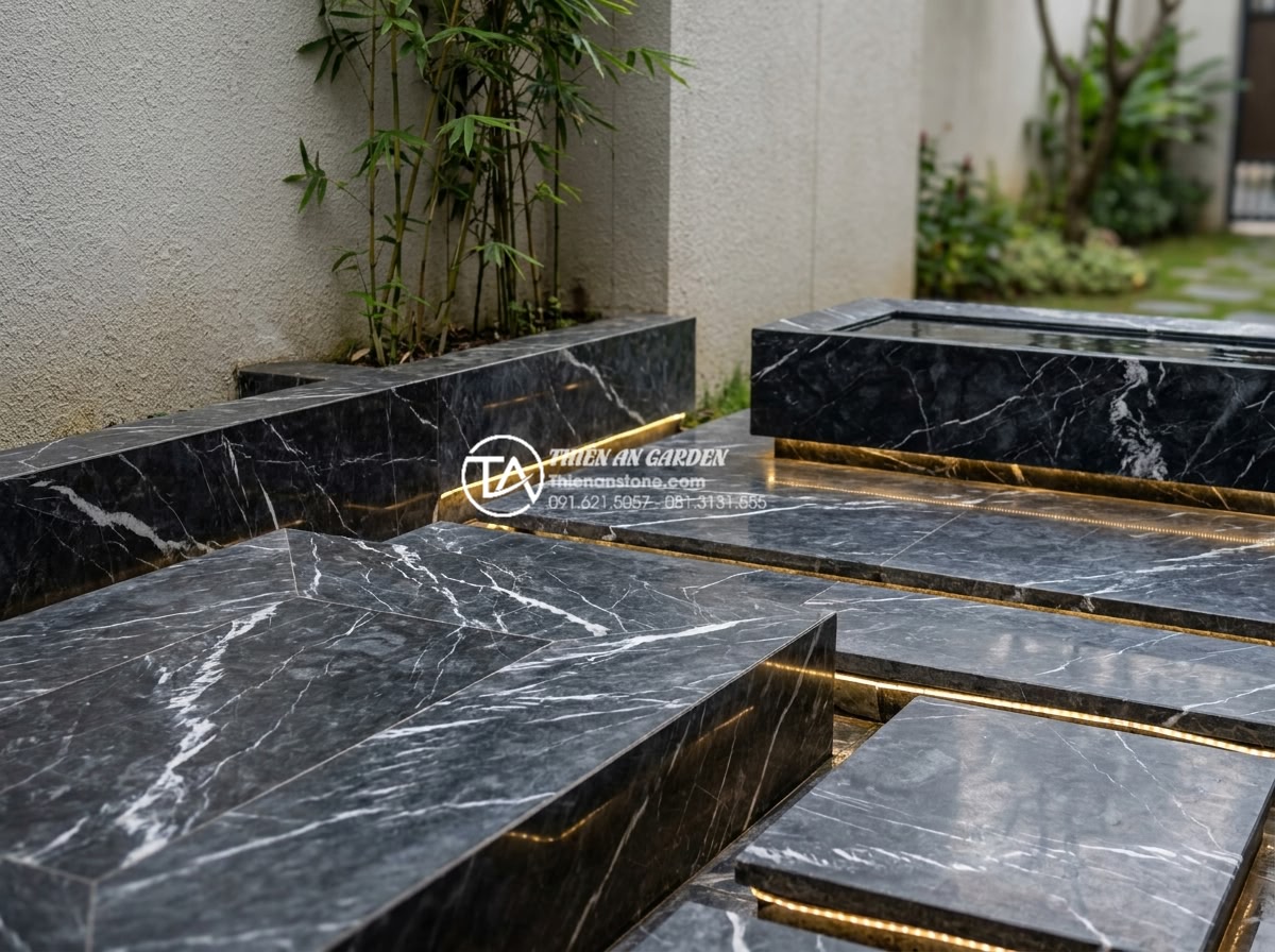 Sự khác biệt giữa tiểu cảnh thiền truyền thống và phong cách hiện đại - Hình 2 Sự khác biệt giữa tiểu cảnh thiền truyền thống và phong cách hiện đại - Contemporary minimalist zen garden in a luxury villa courtyard featuring large p