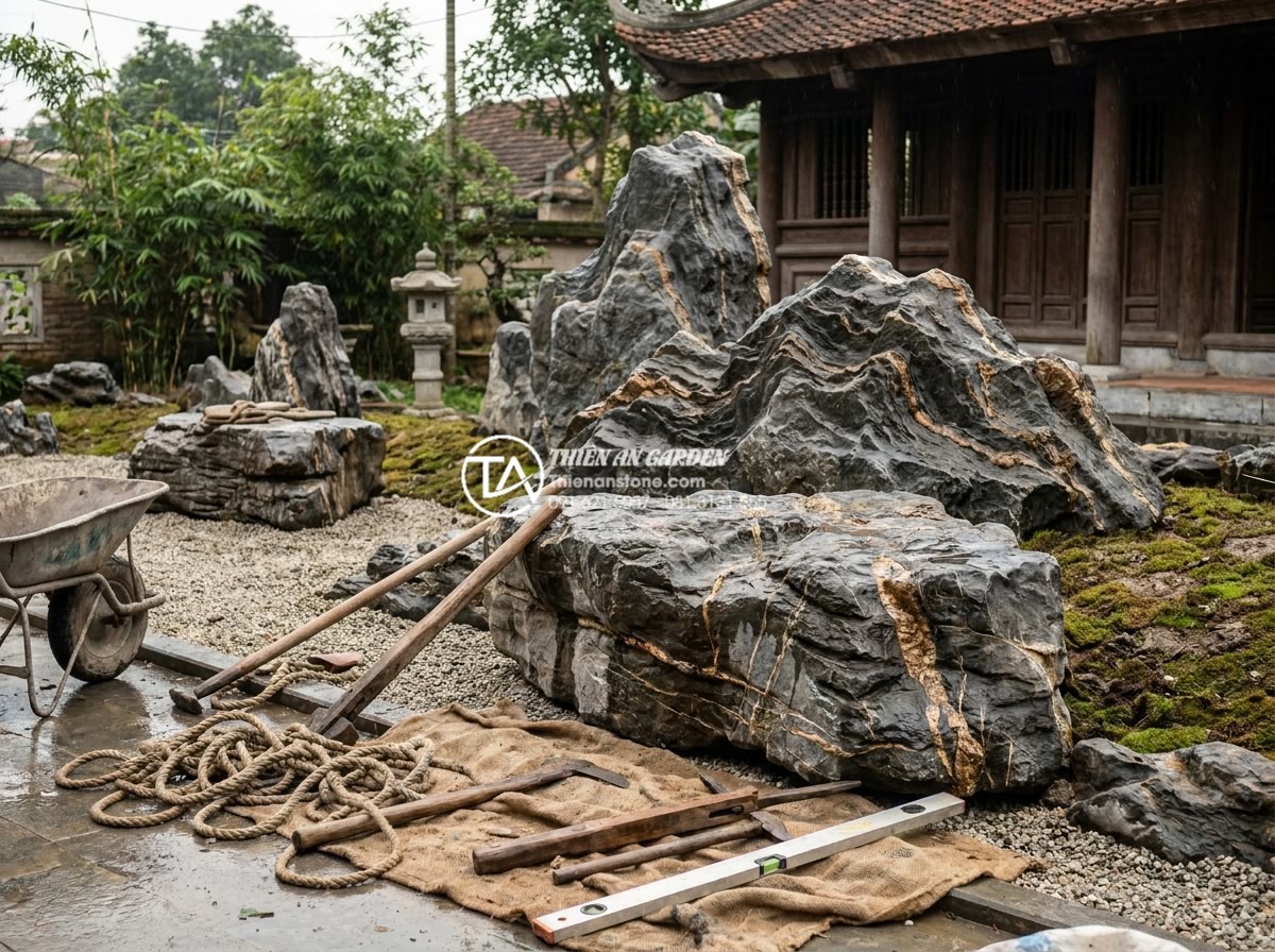 Sự khác biệt giữa tiểu cảnh thiền truyền thống và phong cách hiện đại - Hình 20 Sự khác biệt giữa tiểu cảnh thiền truyền thống và phong cách hiện đại - Team of professional stone craftsmen from Da Canh Thien An carefully installing
