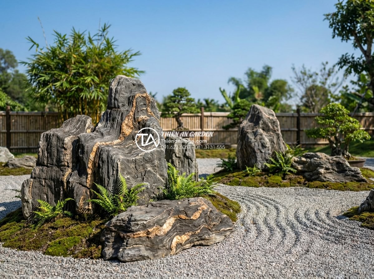 Sự khác biệt giữa tiểu cảnh thiền truyền thống và phong cách hiện đại - Hình 6 Sự khác biệt giữa tiểu cảnh thiền truyền thống và phong cách hiện đại - Traditional zen garden dry landscape with symbolic water represented purely by r