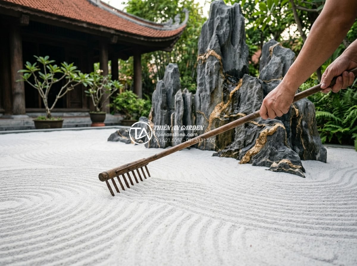 Tại sao cát trắng lại được ưu tiên trong tiểu cảnh thiền Nhật Bản? - Hình 13 Tại sao cát trắng lại được ưu tiên trong tiểu cảnh thiền Nhật Bản? - Master raking white sand in Zen garden creating intricate curved wave patterns w